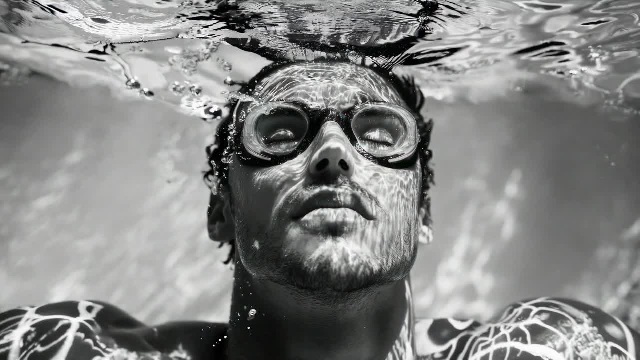 Black and white underwater video concept with a low-angle shot of a person wearing goggles