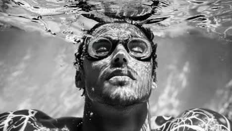 black and white underwater video concept with a low-angle shot of a person wearing goggles