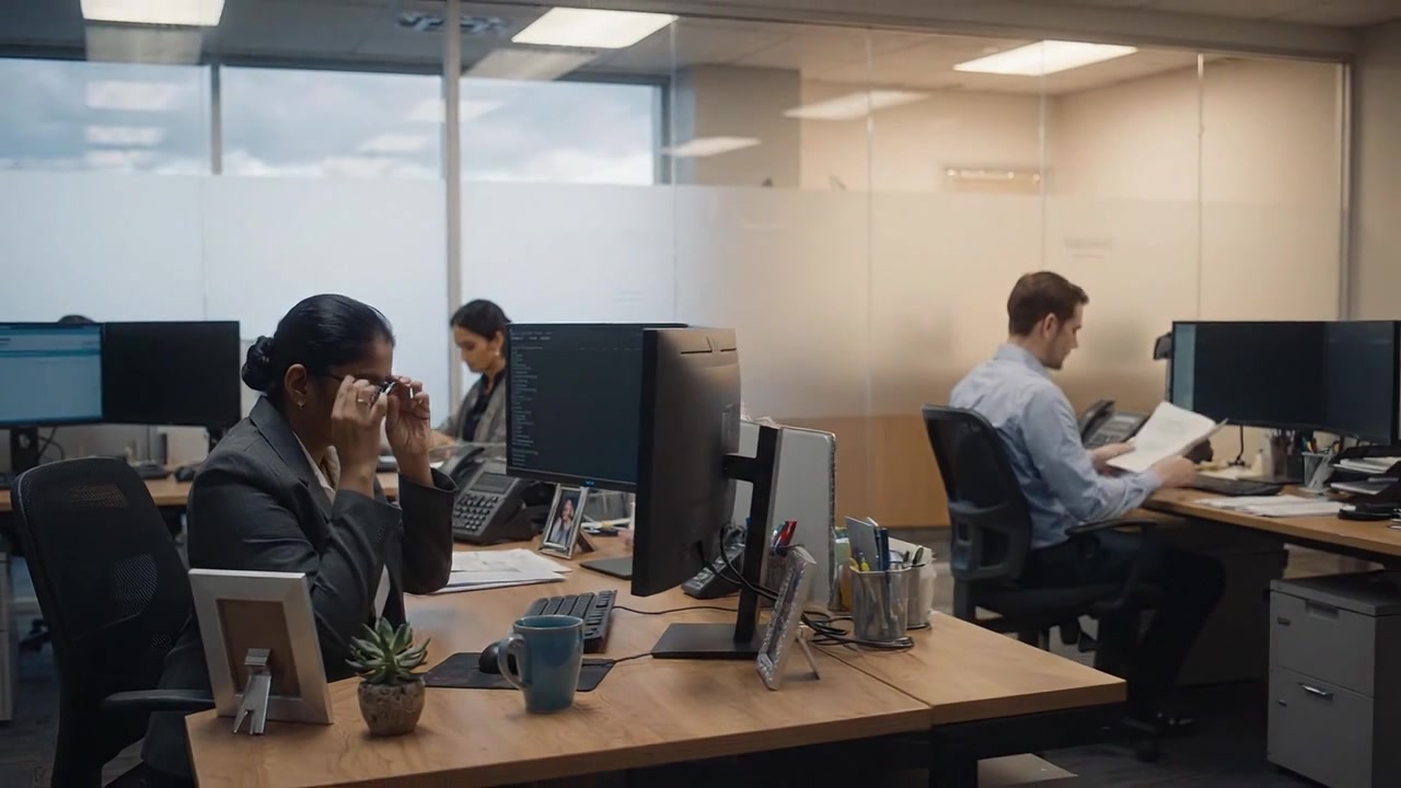 Scena d'ufficio professionale che mostra dipendenti impegnati in attività lavorative alle scrivanie circondati da tecnologia e oggetti personali in un moderno ambiente aziendale
