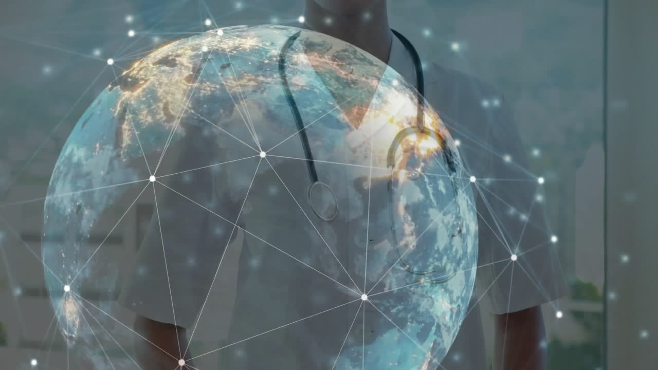 Digital clock and network connections animation over doctor with stethoscope