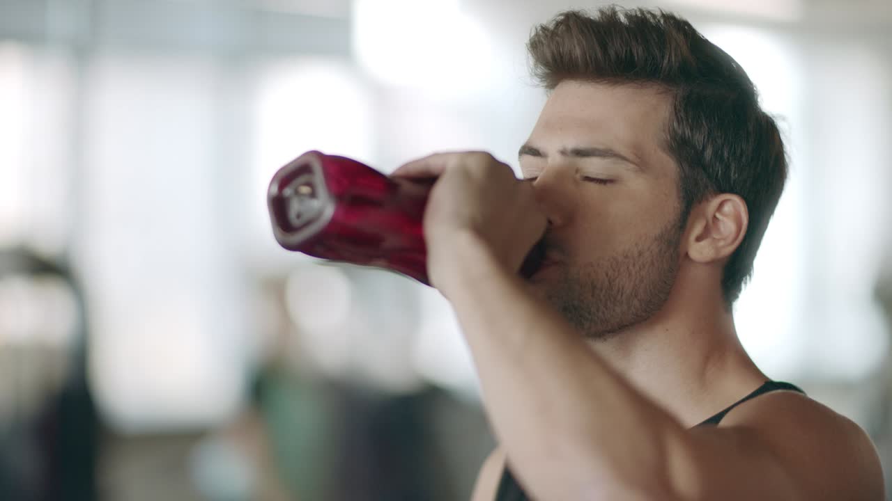 Uomo concentrato che beve acqua in palestra. Ritratto di un atleta.
