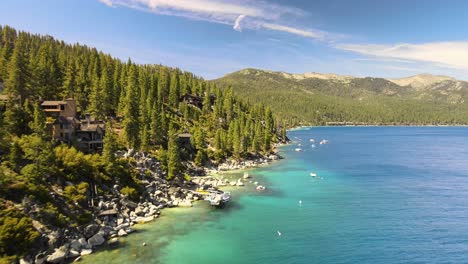 drone flying along private shoreline along north lake tahoe