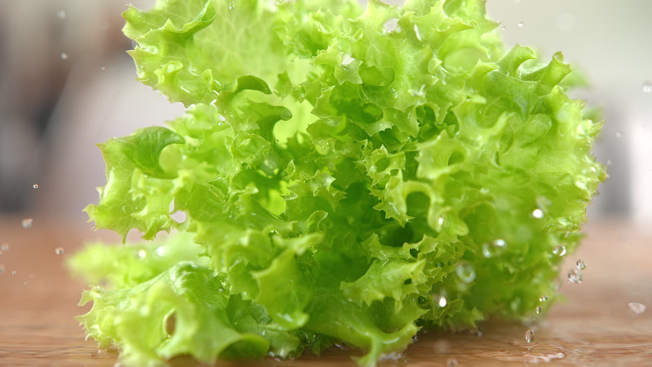 Curly Lettuce Falling Onto The Wet Wooden Cutting Board, Bouncing And Splashing Water Drops around in Macro and Slow Motion