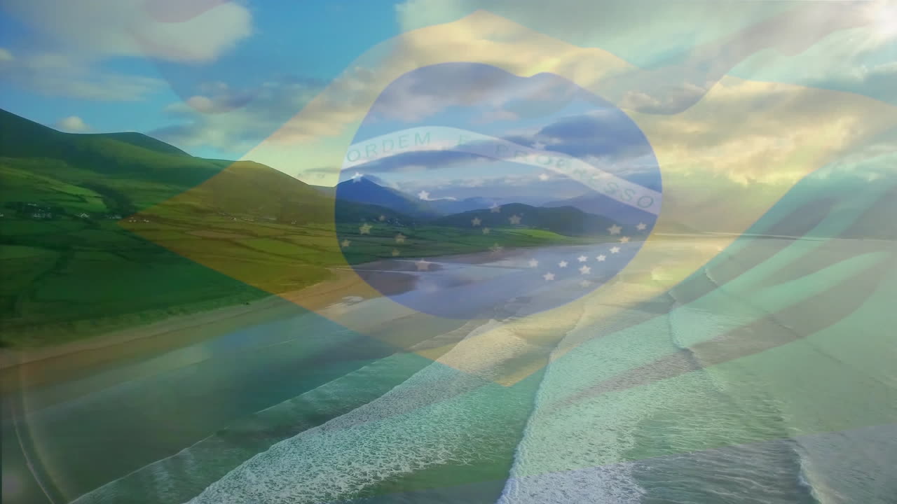 composición digital de la bandera brasileña ondeando contra la vista aérea de la playa