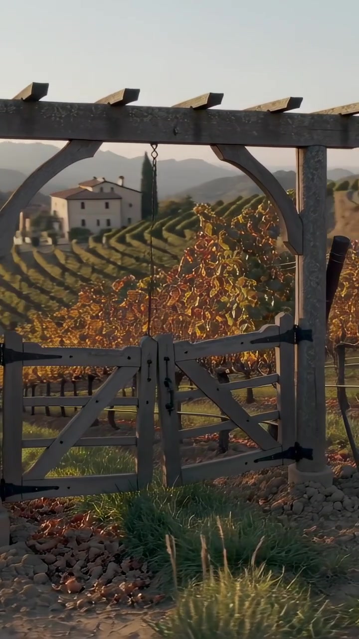 Vertical video: Panning camera revealing pergola, gate in vineyard, exposing tiered rows, farmhouse