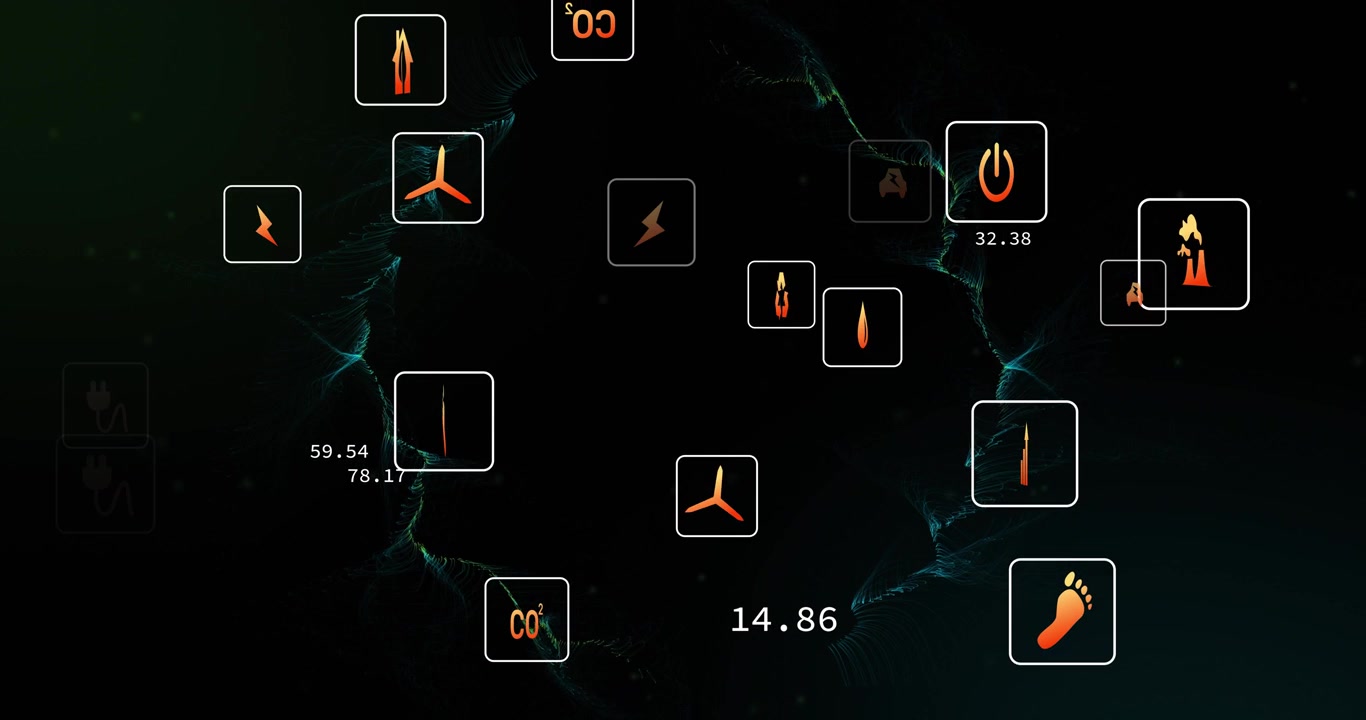 Teal wisps forming ring starting pulse, orange icons orbiting, numeric values updating for energy