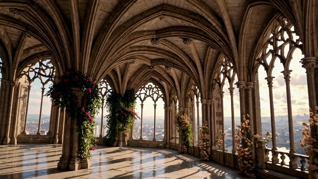 A fantasy video scene with a wide-angle view of a sunlit gothic archway, adorned with flowers
