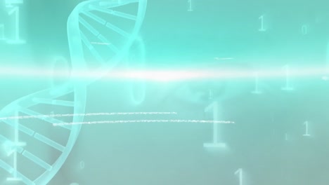 animation of blue light trail over dna structure and binary coding against close up of an eye