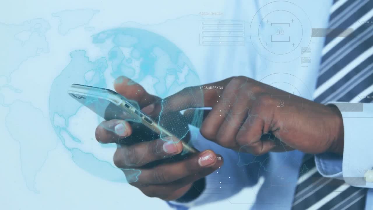 Animation of data processing and globe over man using smartphone
