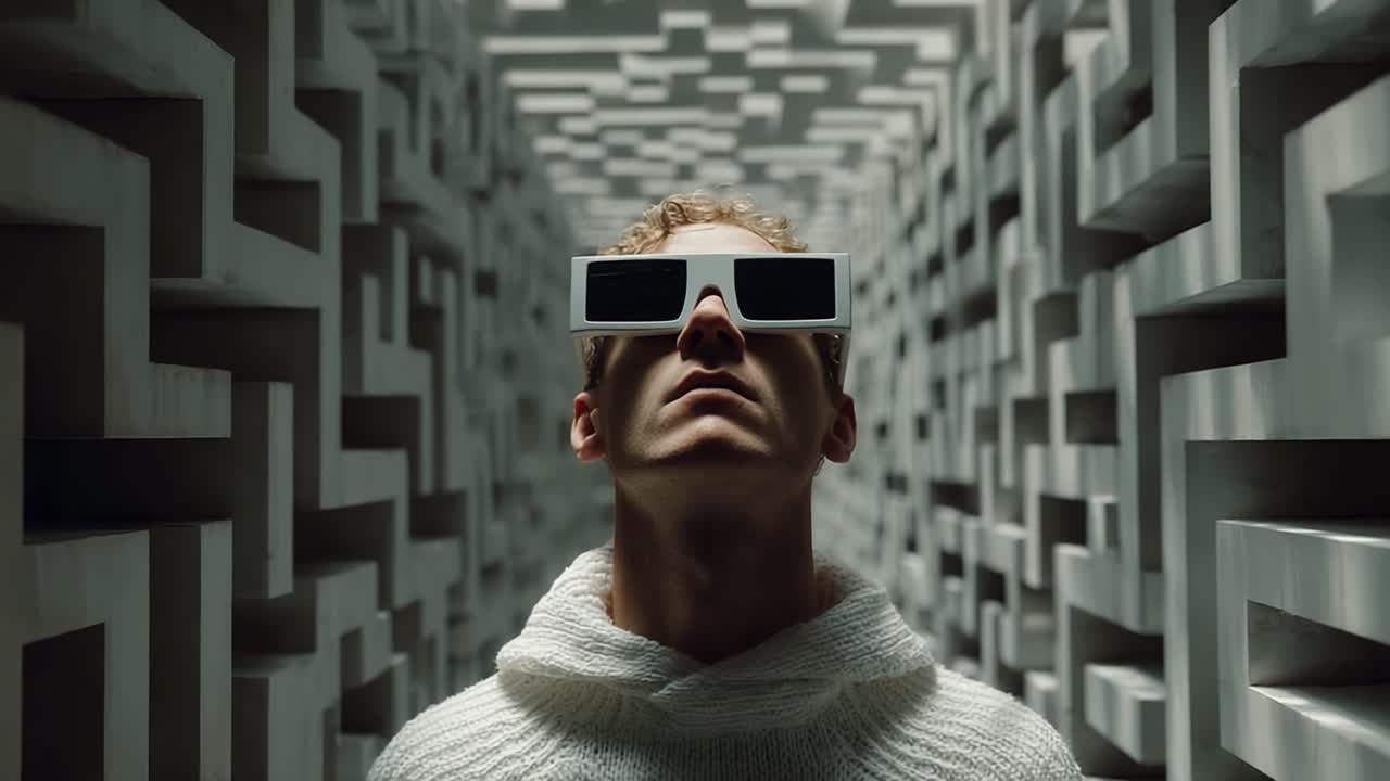A Young Man Stands Confidently in a Futuristic Hallway, Wearing Unique 3D Glasses That Transform His Vision and Perspective of Reality, Surrounded by Intricate Geometric Patterns and Textures