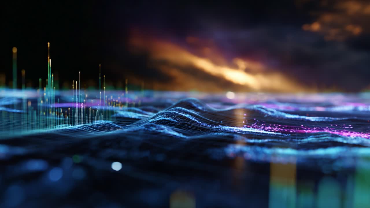 Dynamic Digital Landscape with Vibrant Waves and Visual Data Representations Under a Mysterious Sky: A Captivating Exploration of Technology and Nature