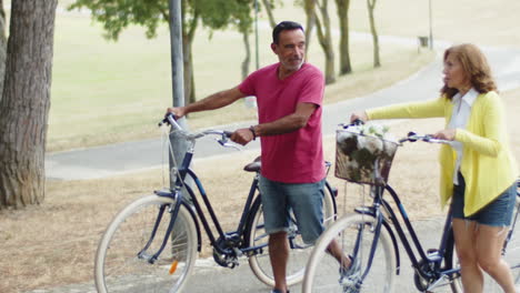 happy senior couple walking with bikes along path in park