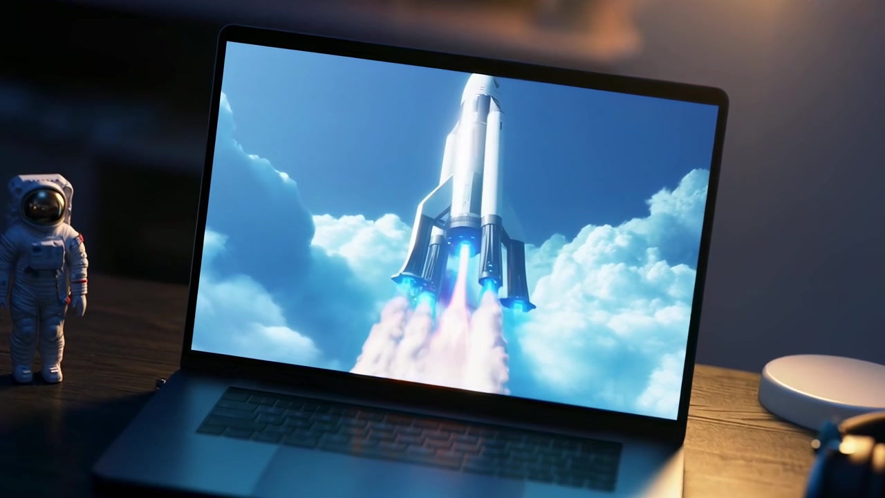 Rocket Launch Animation Emerging from Laptop Screen