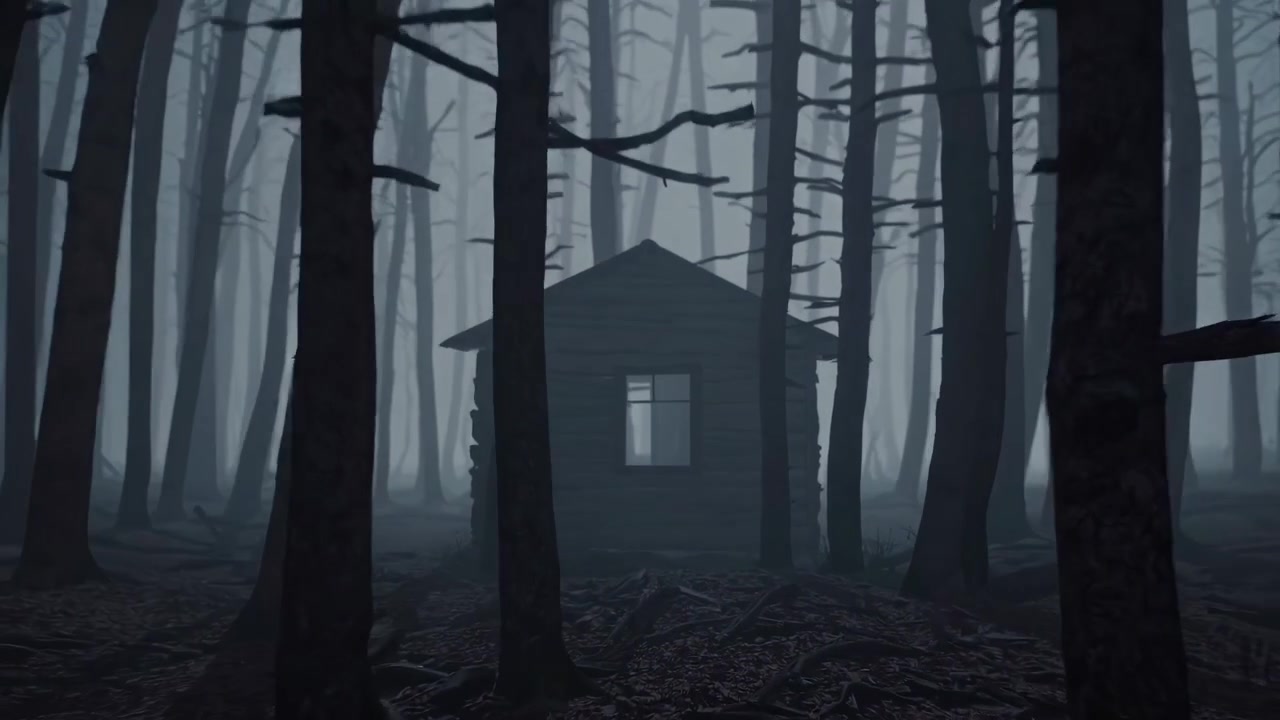 暗く霧深い森の中にある廃墟の小屋に近づき、中に入る