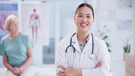 happy, asian face and doctor with arms crossed