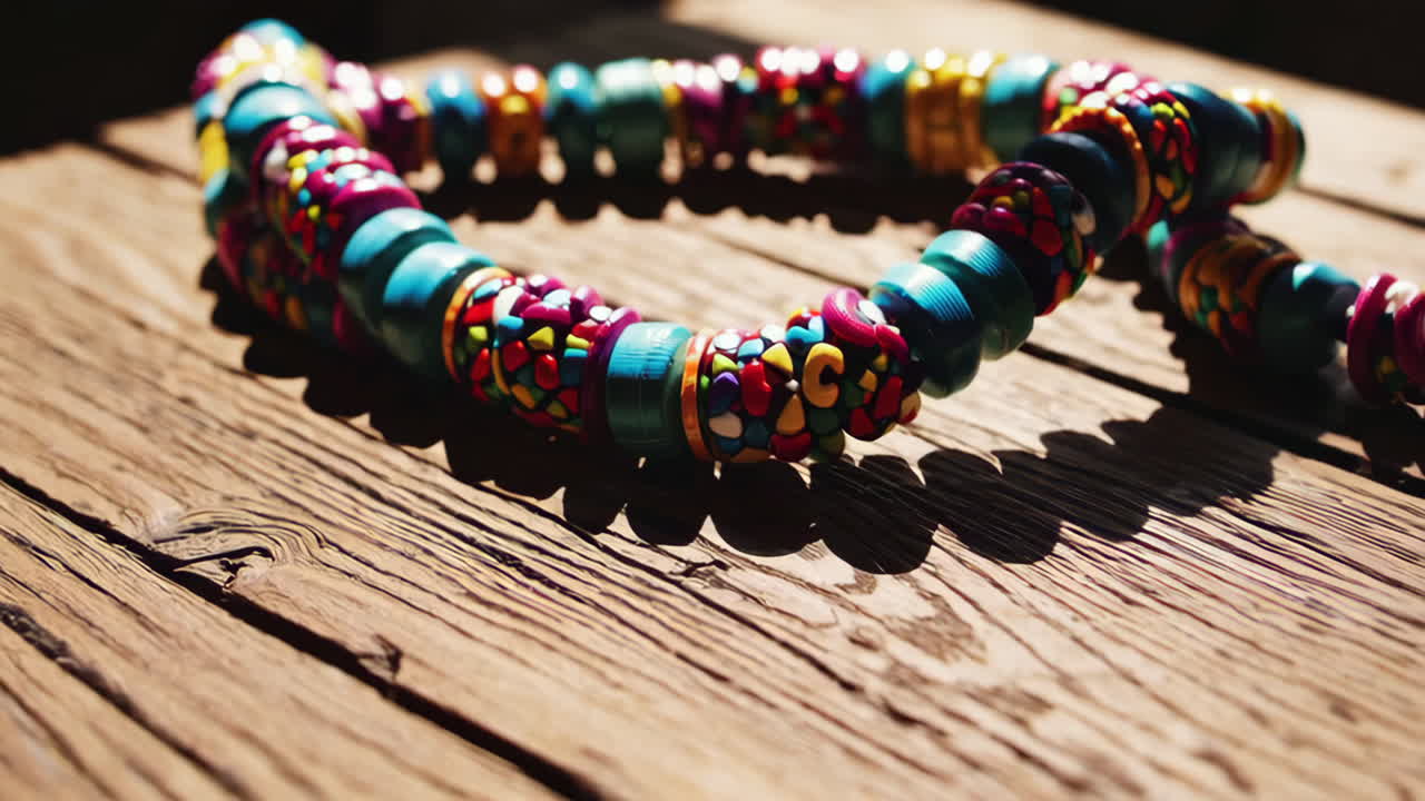 Colorful Beaded Jewelry on Wooden Background