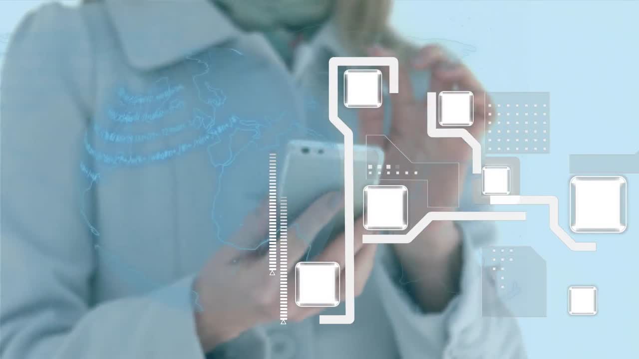 animación de formas y globo sobre mujer caucásica usando un teléfono inteligente