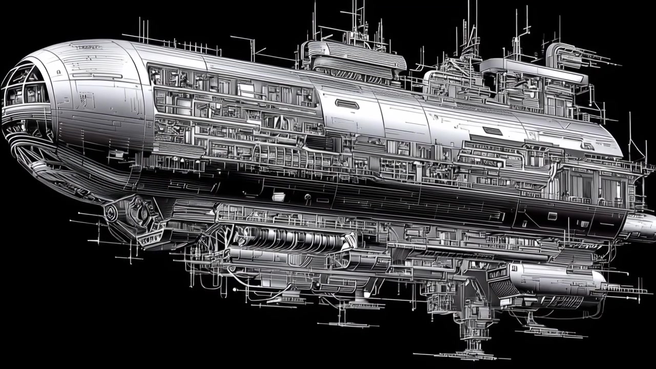 Detailed Futuristic Vehicle Blueprint Rotating on Black Background