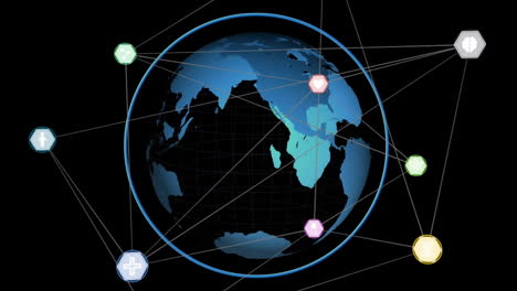 animation of network of connections with icons over globe
