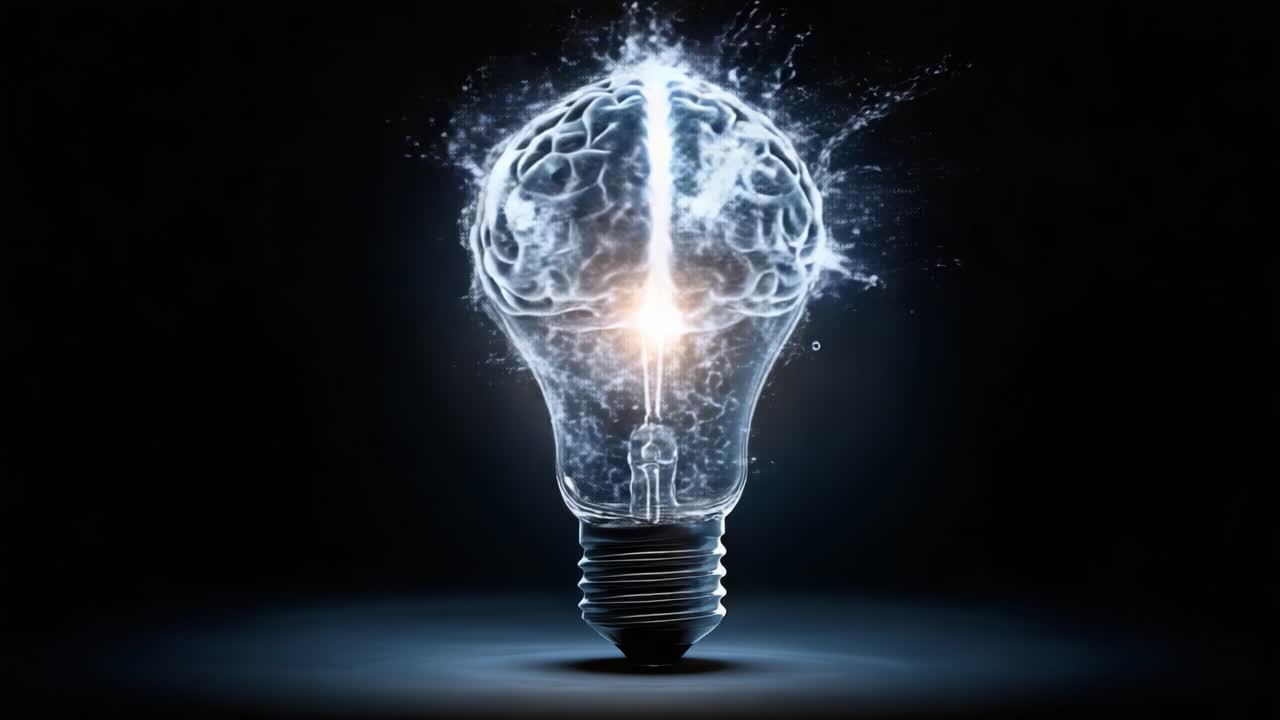 Una straordinaria rappresentazione visiva dell'intersezione tra creatività e intelligenza, che mostra una lampadina riempita d'acqua e un cervello, illuminati da un brillante scoppio di luce.