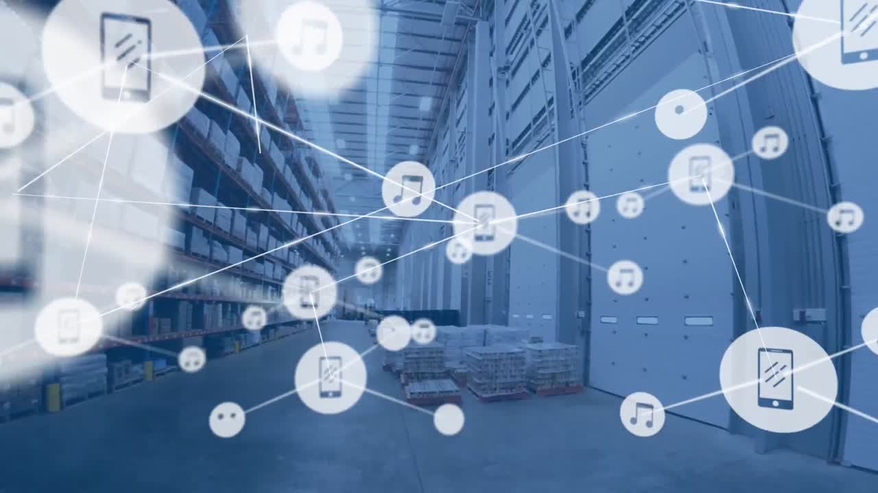 빈 창고 위에 아이콘으로 연결된 네트워크의 애니메이션