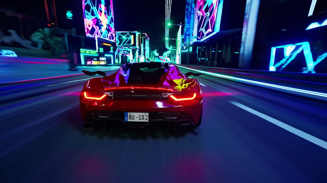 Fast Red Car in Neon-Lit City at Night