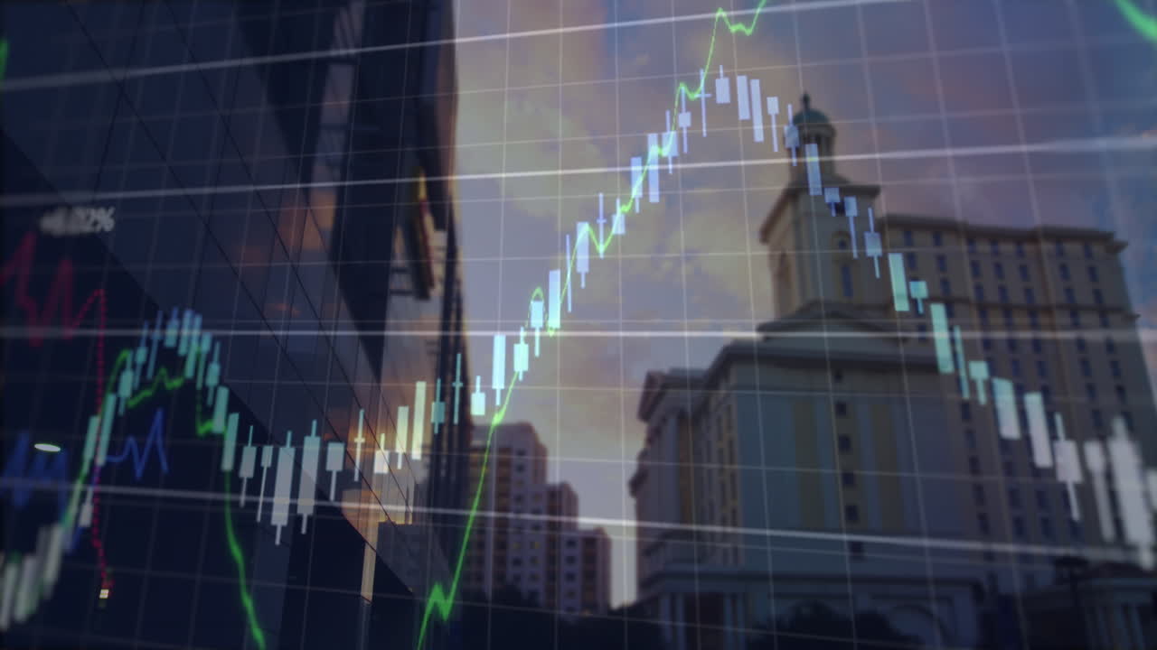 animación de gráficos financieros y datos sobre el paisaje urbano