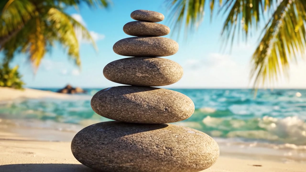 Un tranquillo tumulo di pietre si erge maestoso contro una serena spiaggia tropicale, circondato da lussureggianti palme e calme onde dell'oceano sotto un cielo azzurro limpido.