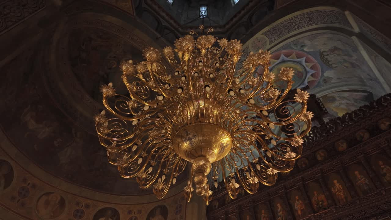 Golden chandelier inside Mihai Vodă Church Bucharest Romania