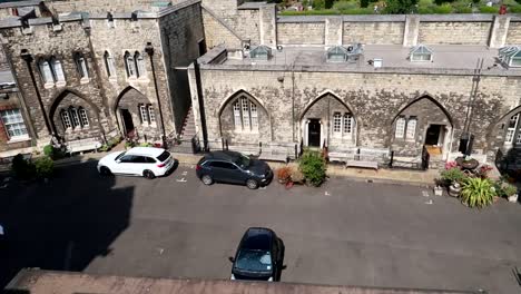 establisher wide view yeomen warders houses building in tower of london, day