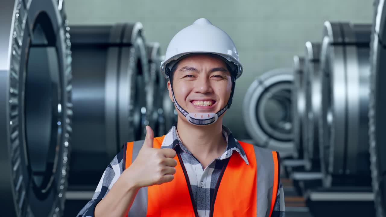 안전 헬을 입은 아시아 남성 엔지니어가 미소 짓고 엄지손가락을 보여주며 금속 공장에서 서 있는 동안 카메라에 제스처를 합니다.
