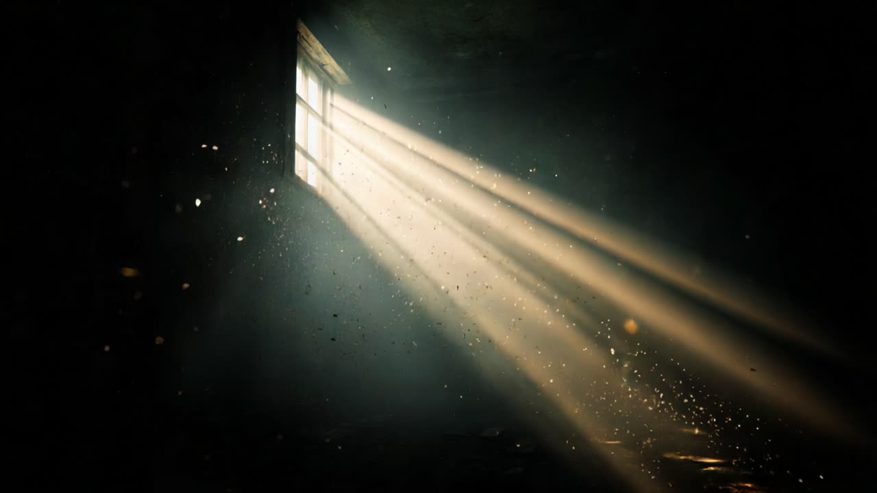 Enchanting rays of light streaming through an old window, creating a mesmerizing display of dust particles in a dark, mysterious atmosphere filled with shadows and intrigue