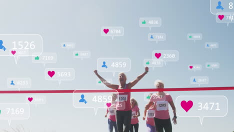 animation of social media notifications, over female runners finishing race