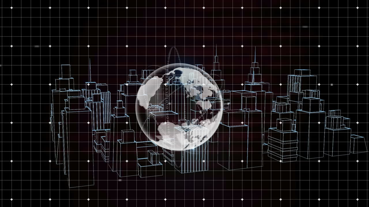 animación del globo y la ciudad del metaverso en el espacio digital negro
