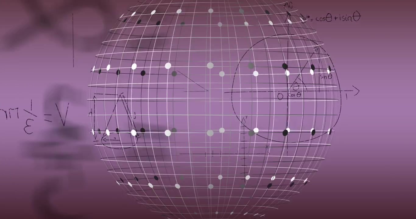Animation of mathematical equations over spinning globe against purple background