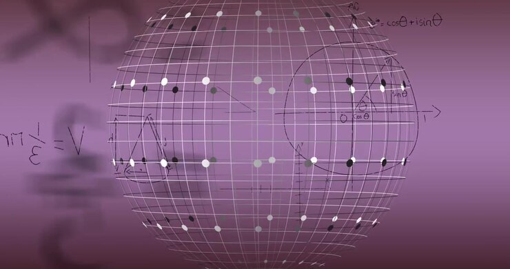 Animation of mathematical equations over spinning globe against purple background