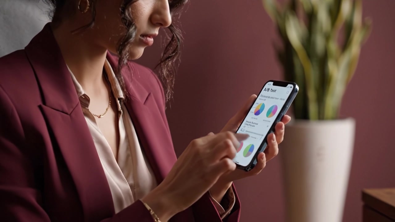 Donna d'affari concentrata che analizza dati su uno smartphone in un elegante ufficio con piante e arredamento raffinato