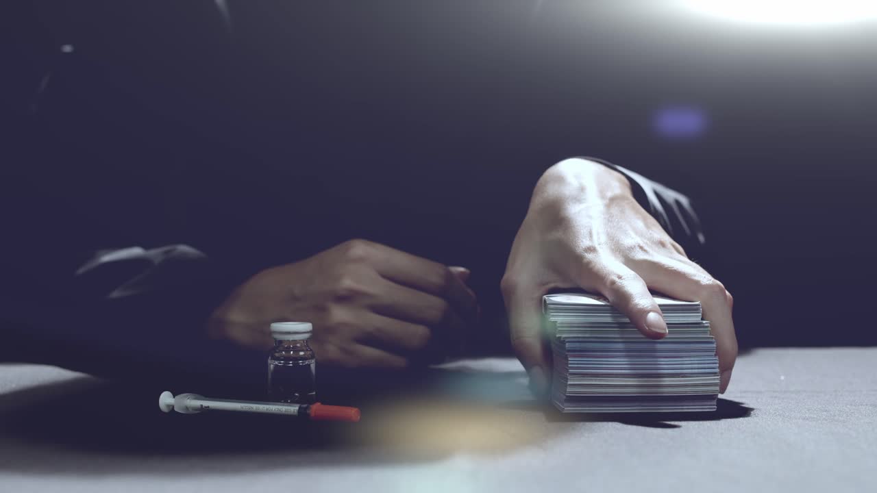 코비드 백신에 대한 암시장이나 사회에서 불법 약물 남용의 높은 비용을 보여주는 개념 - 주사기와 유리병에 걸린 돈