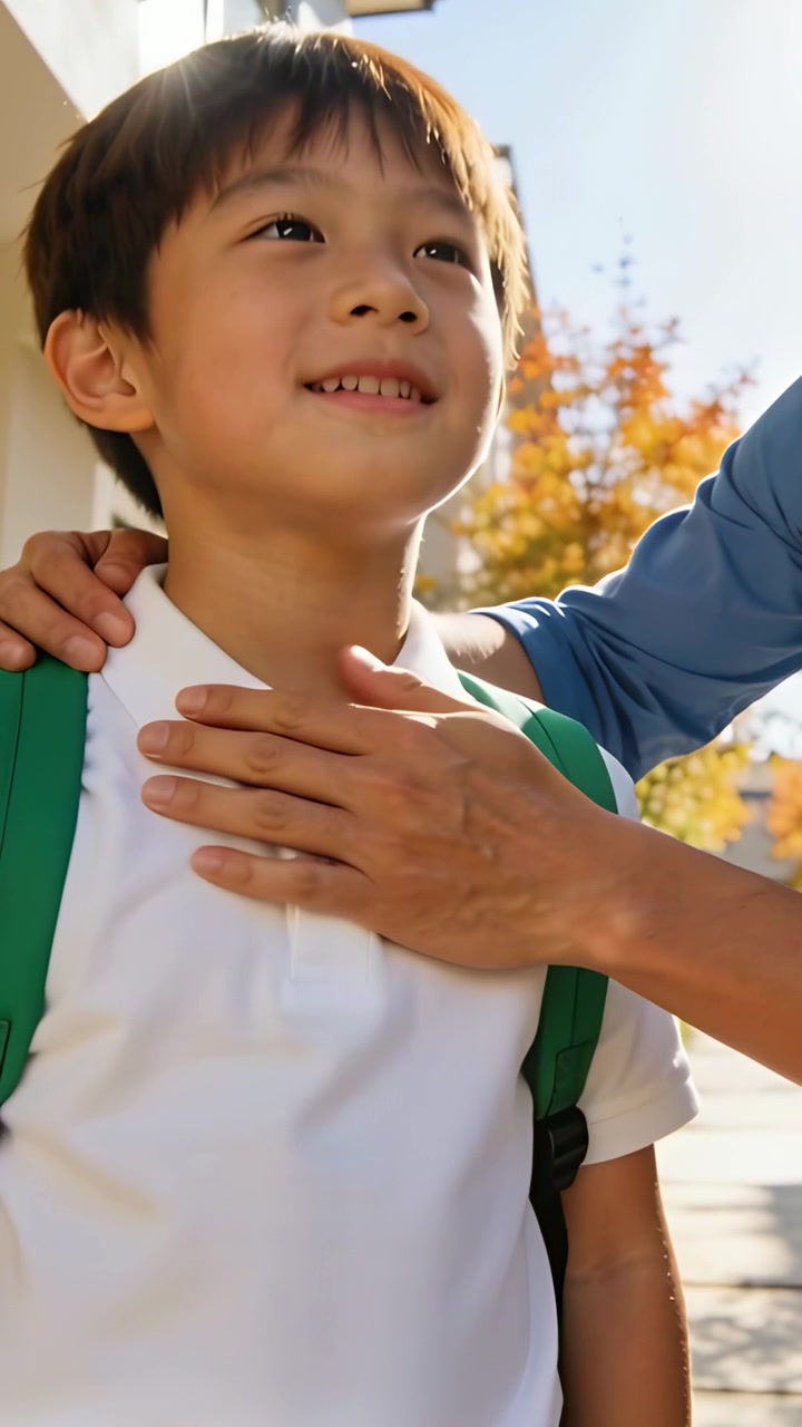 縦型動画：道で、大人の手が学校用の白いポロシャツを直している笑顔の少年。緑のバックパックを背負っている。