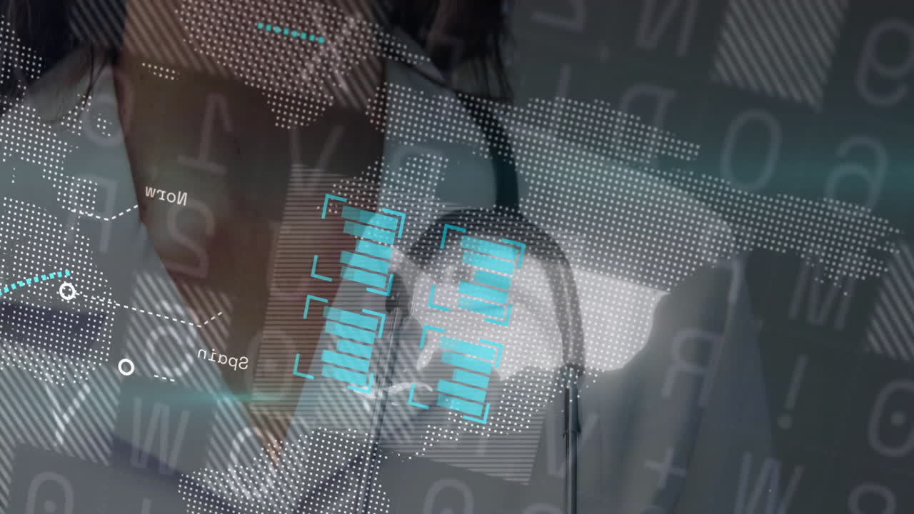 Medical data and statistics animation over healthcare professional with stethoscope