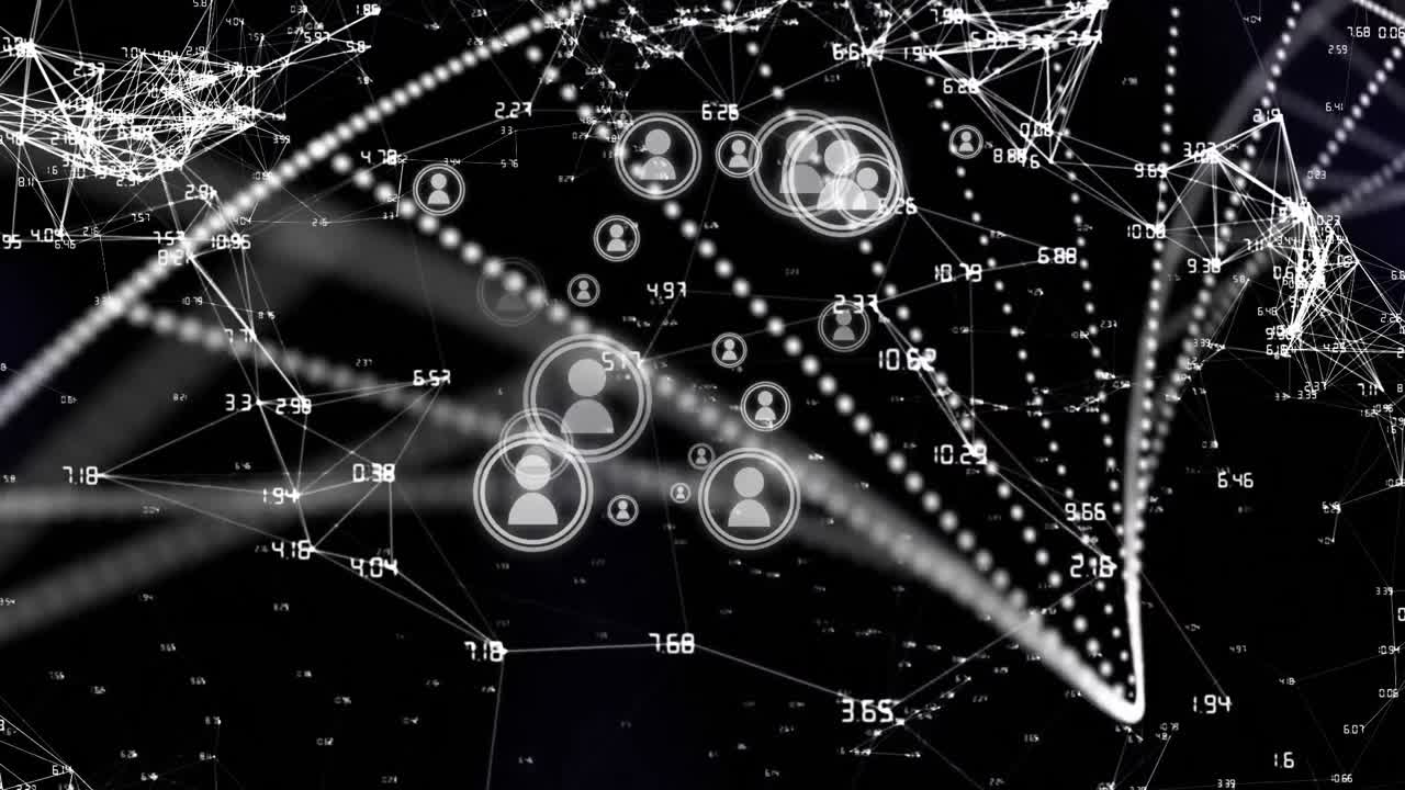 디지털 검은색과 보라색 공간의 아이콘으로 연결 네트워크의 애니메이션
