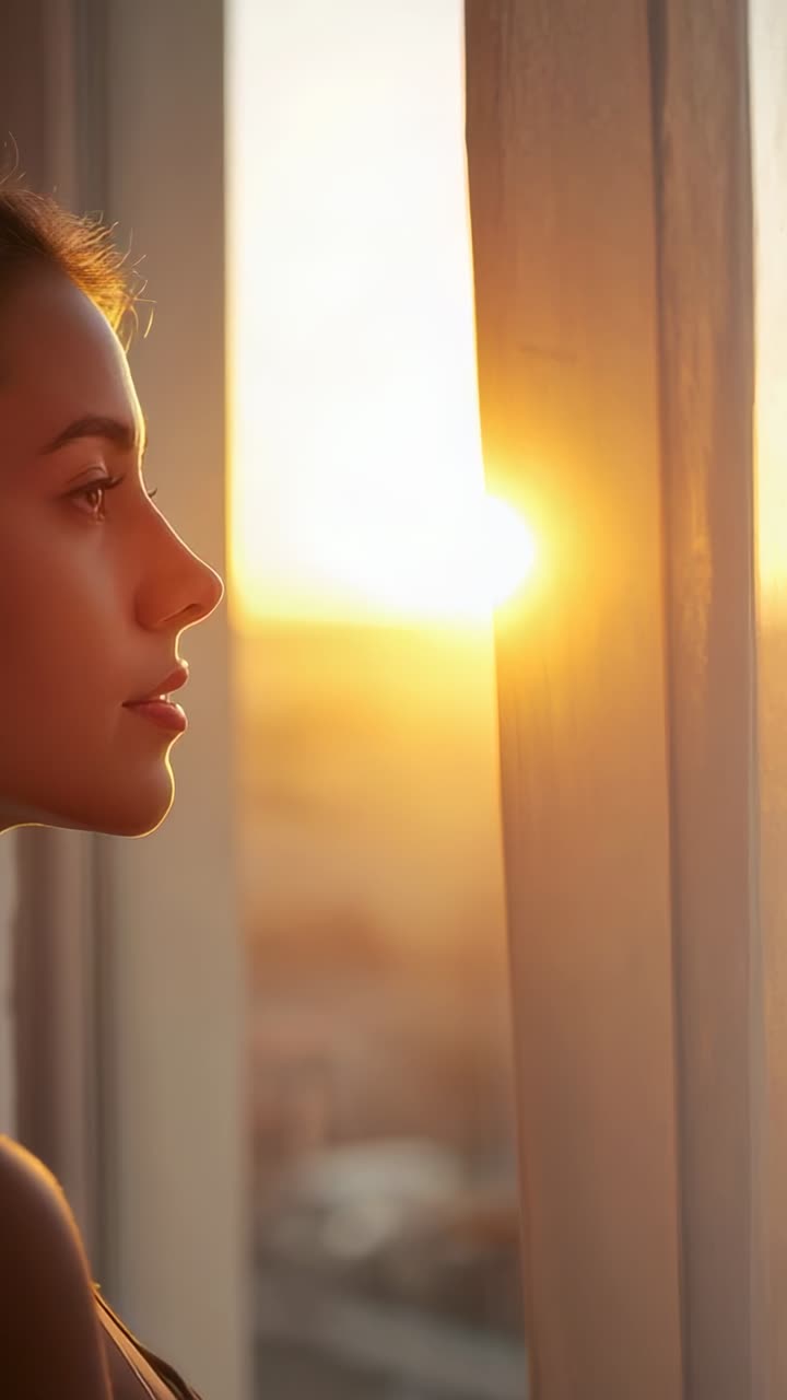 Vertical video: Gazing woman in sleeveless top standing at window as sun rising, copy space