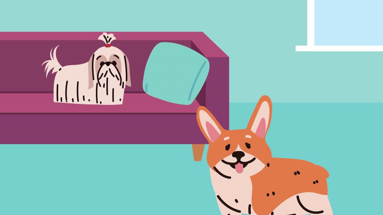 두 마리의 개가 소파에서 휴식을 취하고 있다.