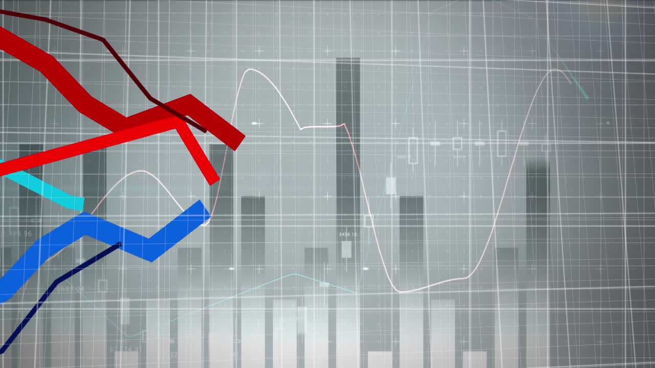 animación de líneas rojas y azules que se mueven con estadísticas de procesamiento de datos financieros sobre la cuadrícula