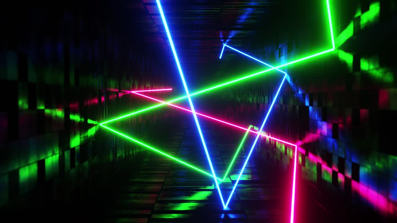 láseres multicolores moviéndose en un túnel rectangular. animación en bucle infinito