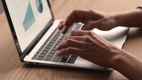 female texting on laptop on device screen graphs, charts view