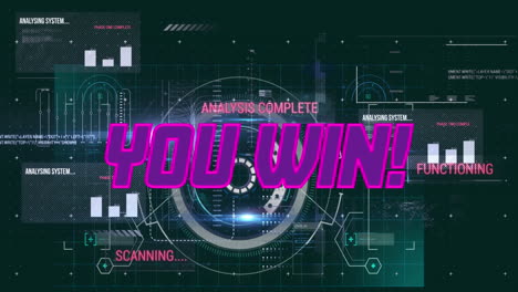 animation of you win text and data processing on black background