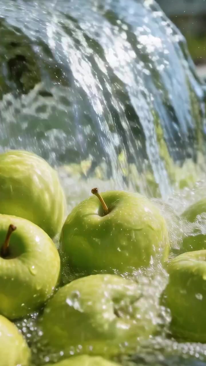 Video verticale: Acqua versata dall'alto a sinistra su mele verdi con gambo in una bacinella, creando schiuma