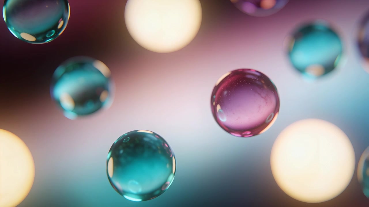 Drifting glossy pink or purple droplet on playback in studio, shifting among teal spheres and bokeh