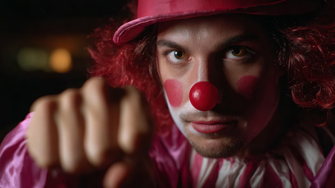 Un artista circense audace e intenso vestito da clown, che mostra un'espressione potente e una posa sorprendente, invitando la curiosità e il coinvolgimento nello spettatore